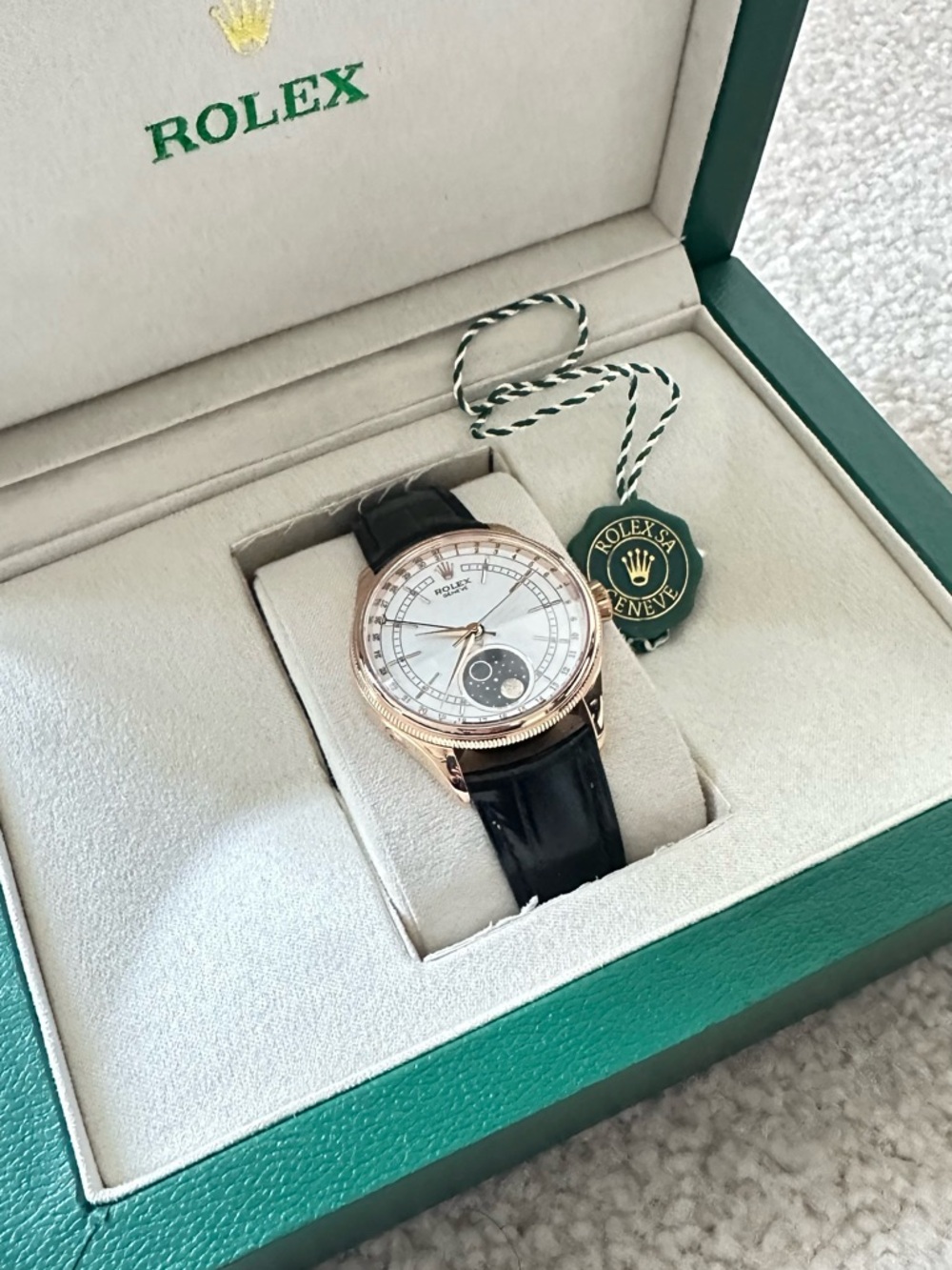Rolex Rose Gold Case White Dial Black Leather Strap Men’s Watch